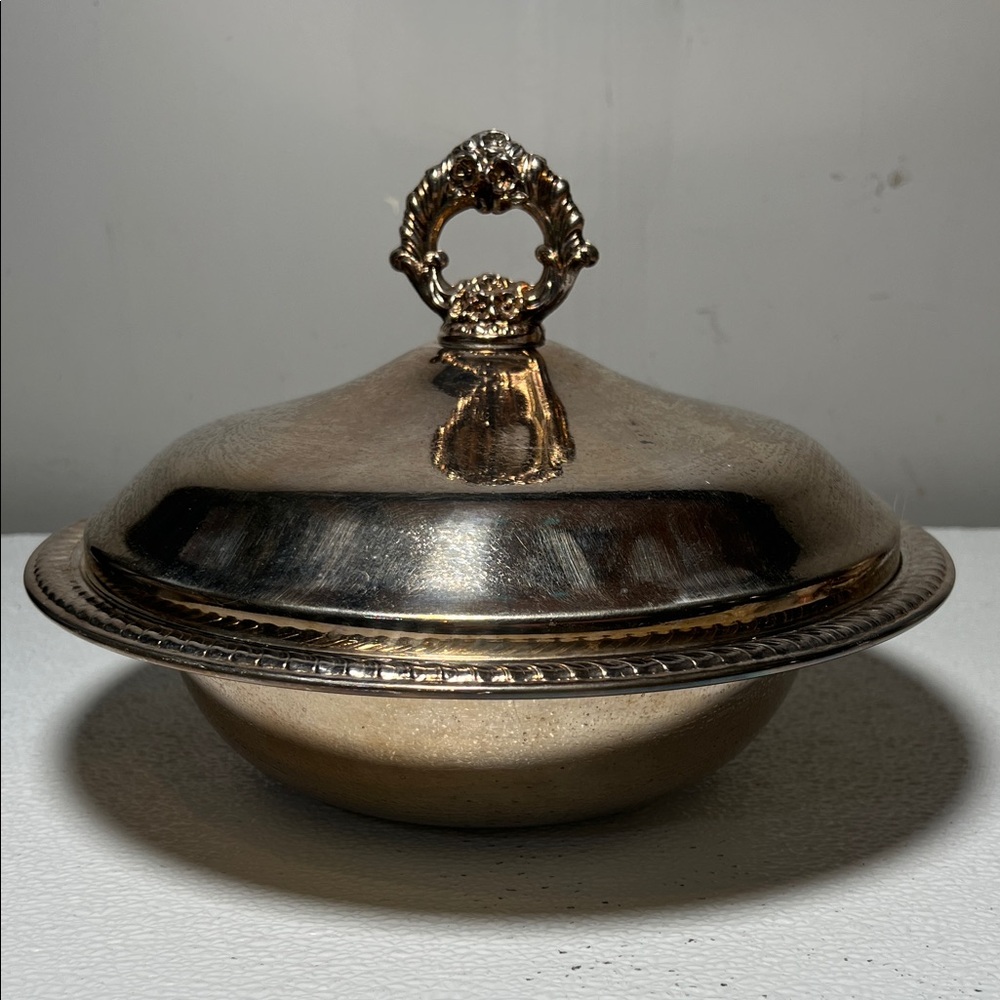 Vintage FB Rogers Silver Co. Covered Silver Glass Oven Safe Casserole Holder